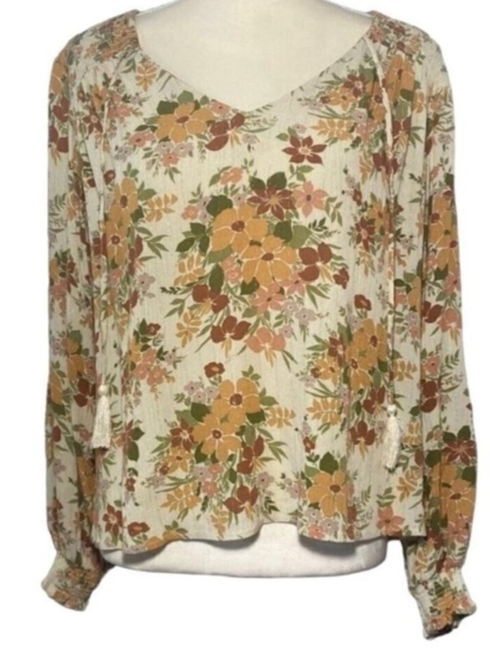 Floral V-Neck Peasant Blouse - Cream/Orange/Pink